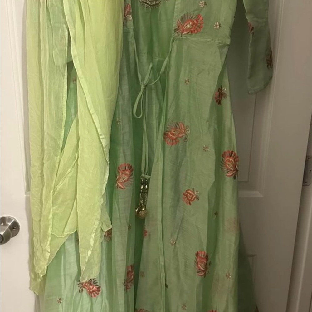 Green Floral Embroidered Dress with Scarf